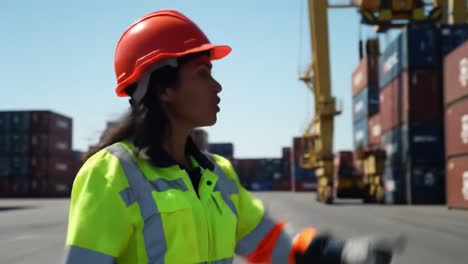 a safety officer directing operations on the dock: navigating through shipping containers with precision in bright safety gear