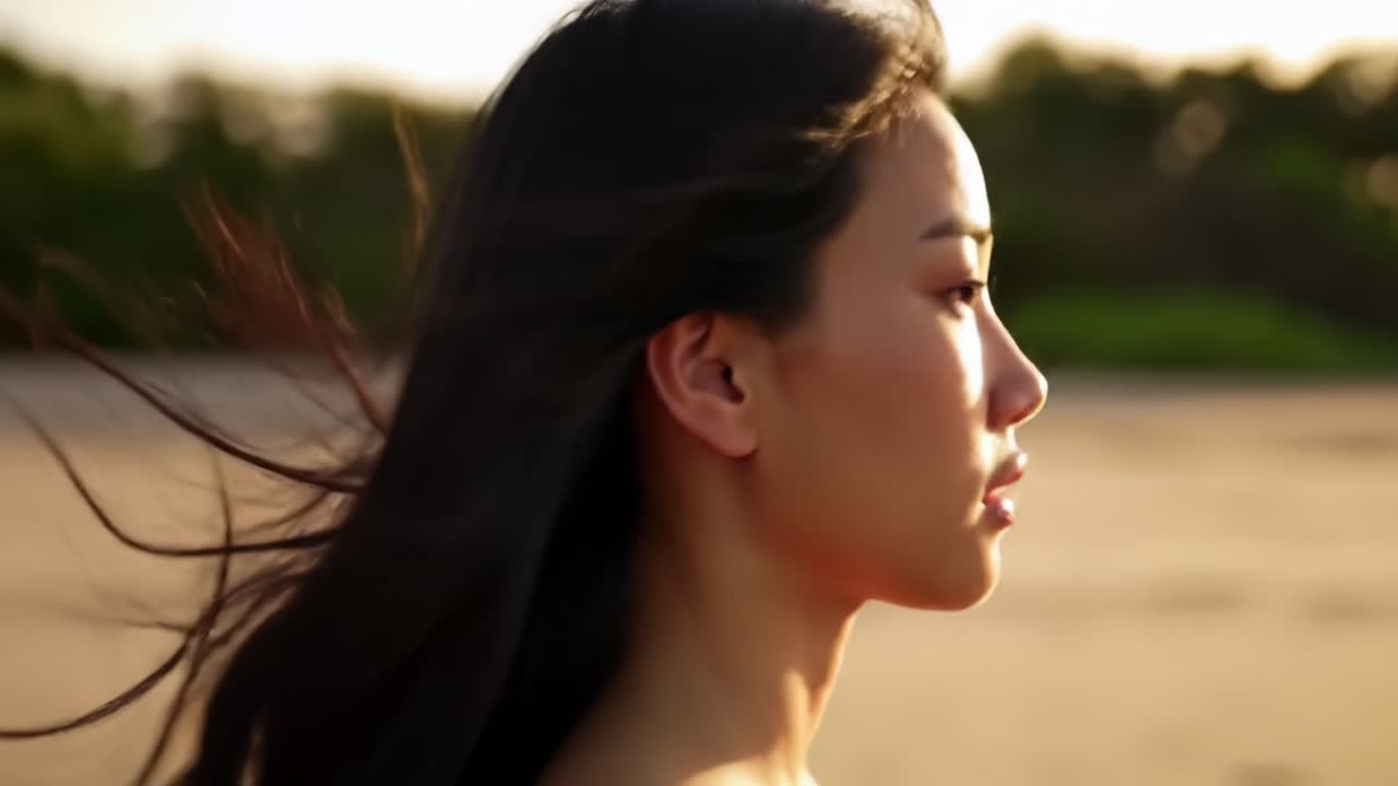 A Serene Profile of a Thoughtful Woman Strolling Along a Beach as the Sun Sets, Capturing the Essence of Quiet Reflection Amidst Nature's Beauty