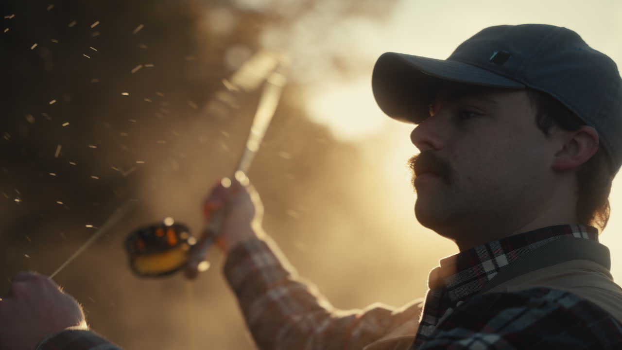 Un uomo che pesca al tramonto
