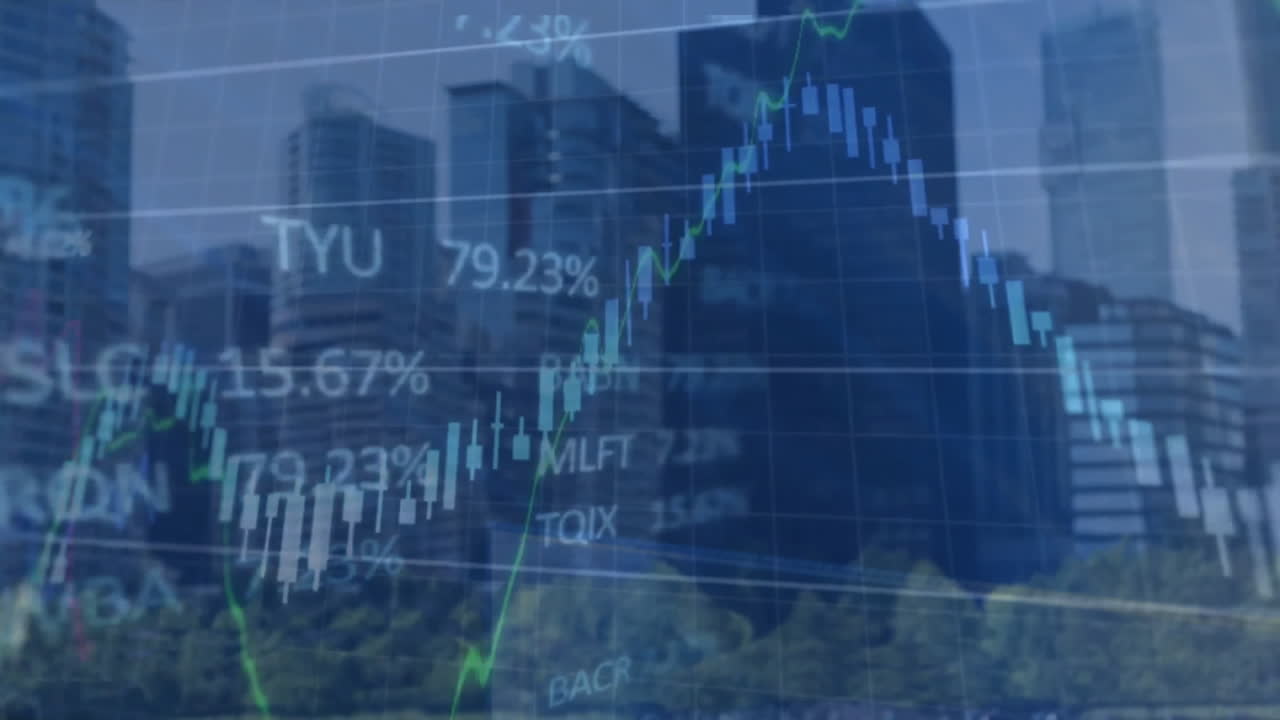 Animation of digital data processing over cityscape