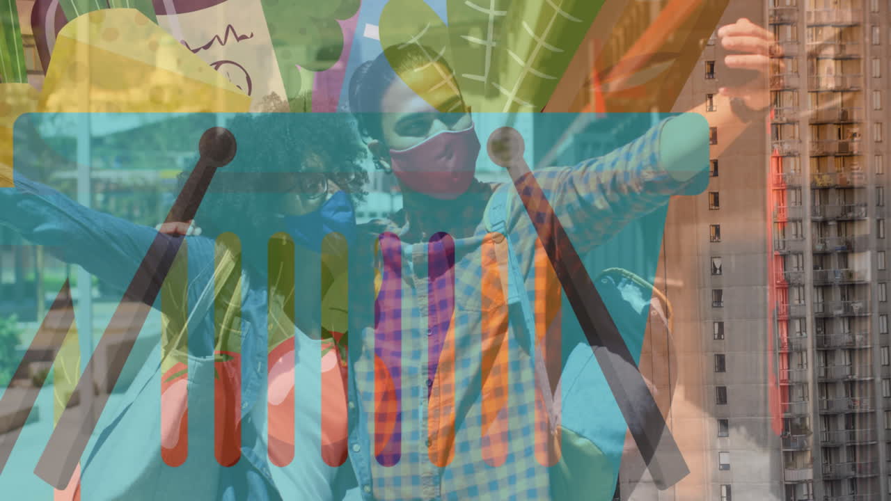 animación de formas sobre parejas diversas y paisaje urbano