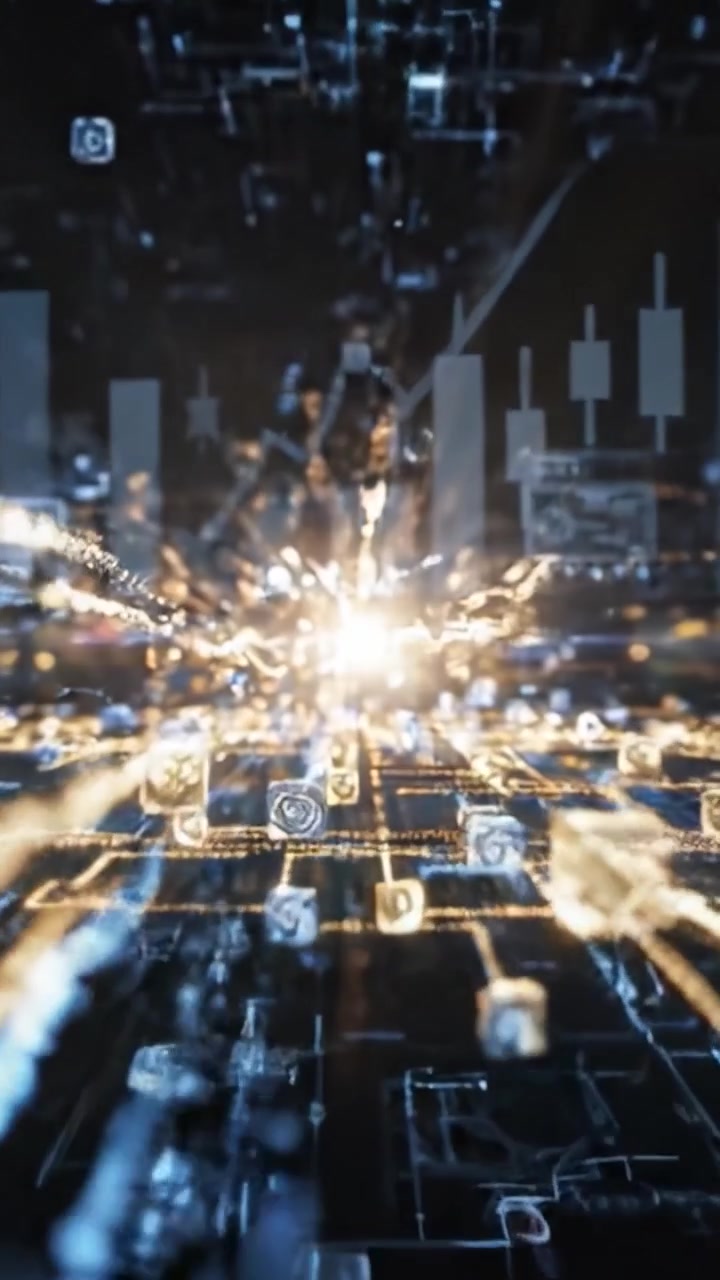 Dynamische Visualisierung abstrakter digitaler Landschaften: Übergang von einem hellen, energiegeladenen Ausbruch zu einem komplexen Netzwerk, das mit lebendigen Farben und komplizierten Mustern beleuchtet ist
