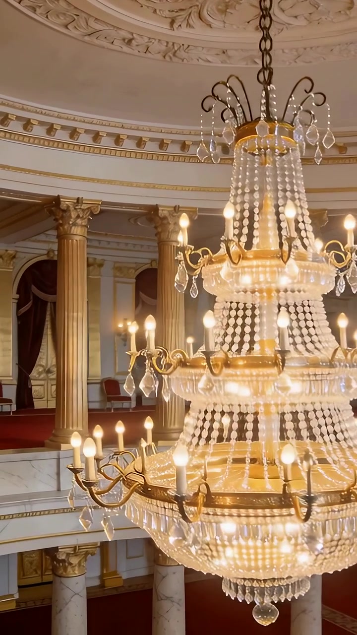 Video verticale: La telecamera esegue una panoramica con inclinazione iniziale, mostrando un lampadario e una sala per rivelare dettagli decorati.