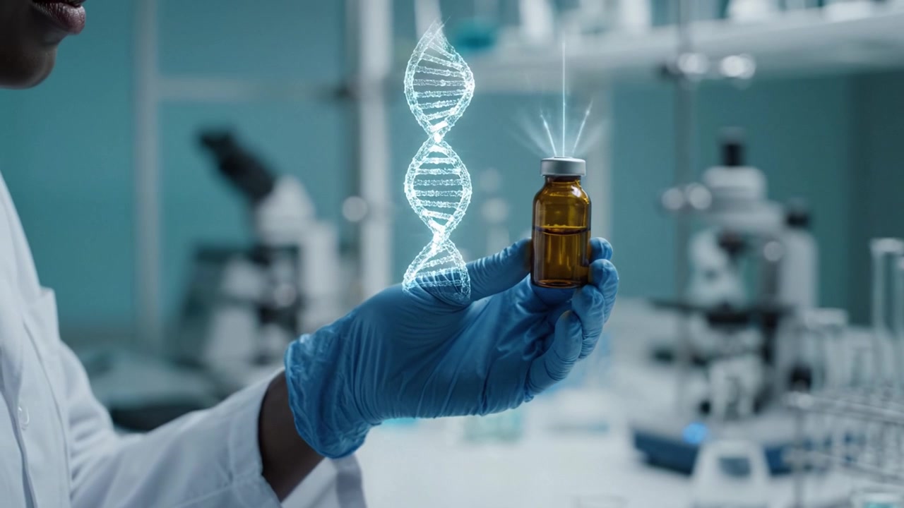 Scientist Holding a DNA-Linked Vial in Lab Setting: Examining Solutions for Advanced Medical Research and Genetic Studies with High-Tech Equipment