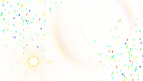 animation of flying lens flare and colorful confetti moving against white background