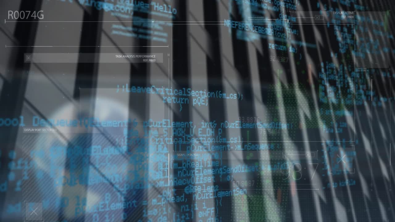 Animation of interface with data processing against tall building