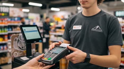 a customer initiates a contactless payment at a retail checkout counter, showcasing modern transaction technology and engaging service interaction