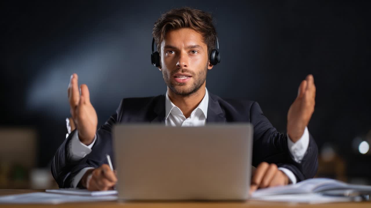 Uomo professionista che partecipa a una riunione virtuale con le cuffie, esprimendo emozioni e gesti mentre presenta informazioni tramite lo schermo del laptop.