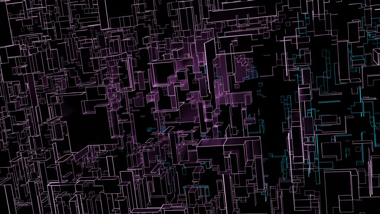 Background with smooth animation of rotating cubes and rectangles in neon light.