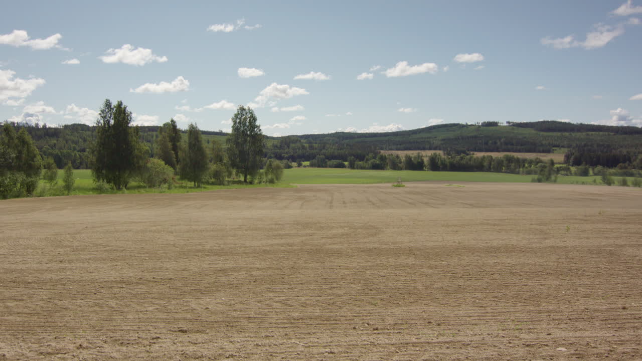 Długoterminowy timelapse ze zbliżeniem zaoranego pola, które pokrywa się zielenią upraw