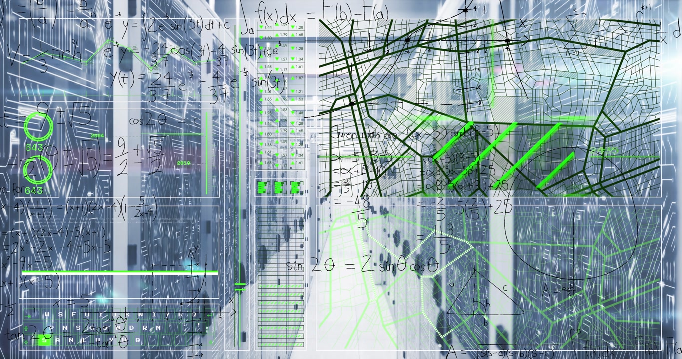 Animation of interface with data processing and mathematical equations against server room