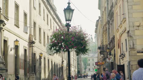 central part of old lviv with pedesrians and red tram going by. beautiful view of architectural buildings and transport in ancient town outdoors.