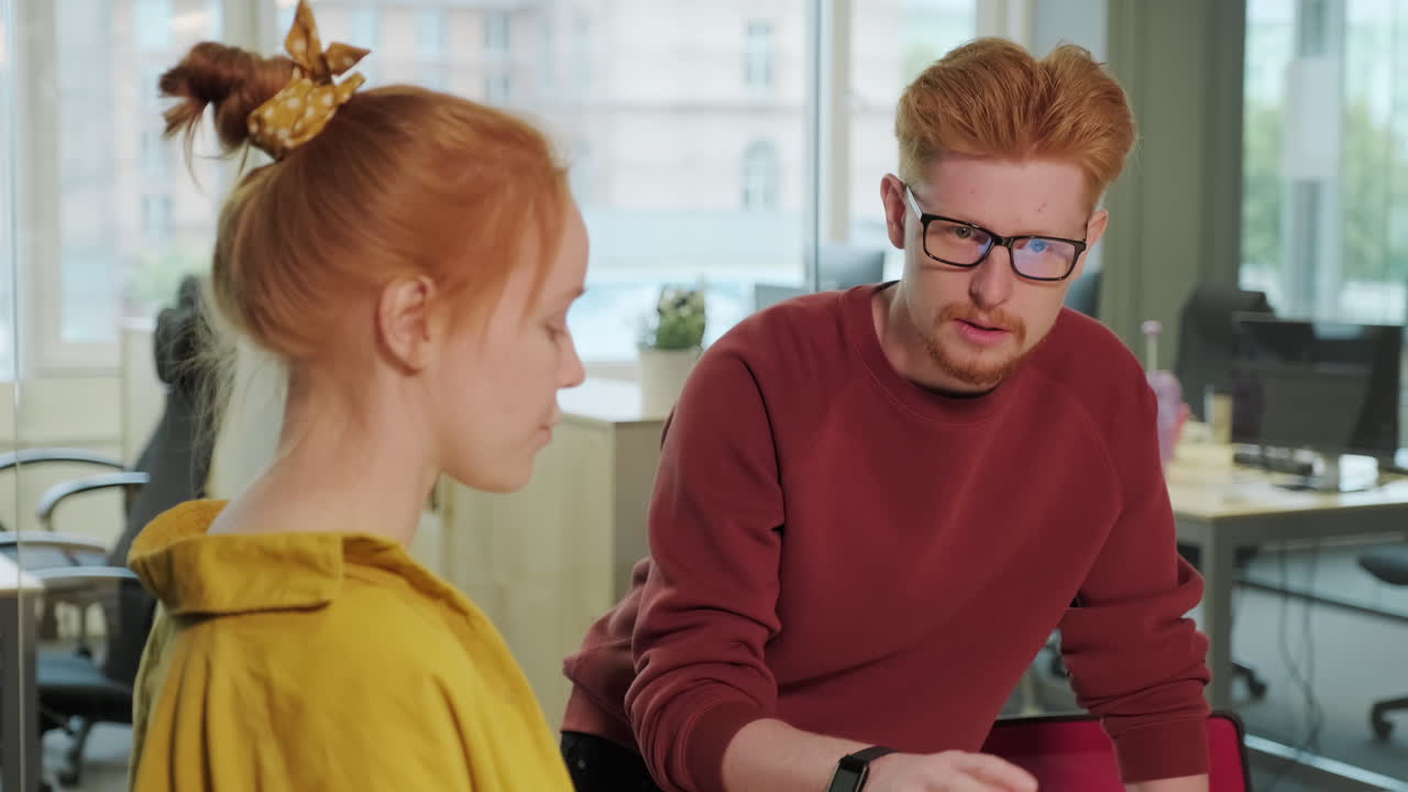 dos colegas pelirrojos discutiendo el proyecto