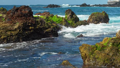 las olas del océano atlántico que fluyen sobre la costa rocosa de tenerife, de mano