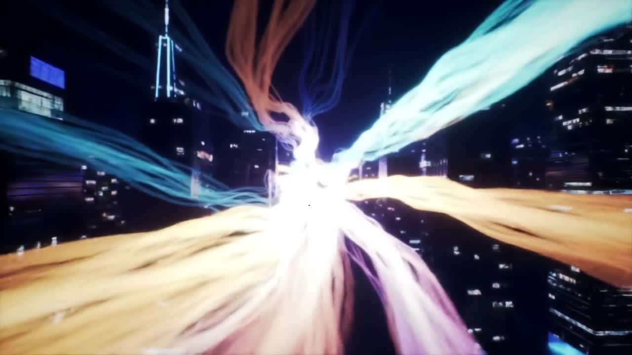 A Mesmerizing Display of Colorful Light Streams Intertwining in an Urban Landscape, Creating a Dazzling Visual Experience Against the Backdrop of City Skyscrapers