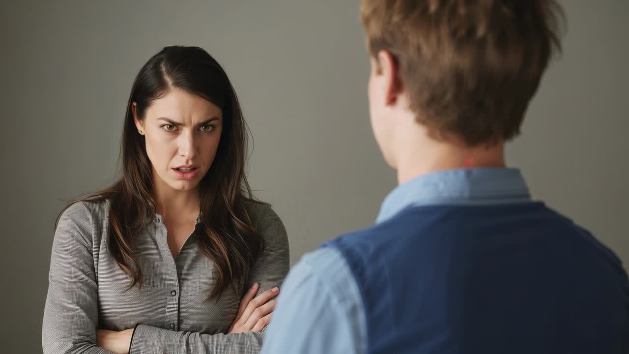 Speaking woman confronting man after silence in office about task, grey blouse navy vest grey wall
