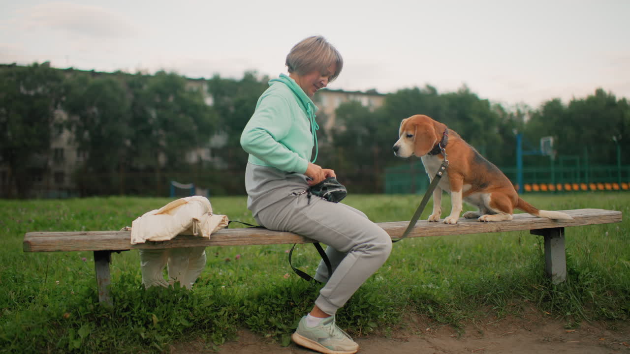 Instructor rewarding her bulldog with dry food from her pocket bag while seated on a bench in an outdoor park. Dog is patiently waiting for the reward after good behavior during training