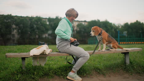 instructor rewarding her bulldog with dry food from her pocket bag while seated on a bench in an outdoor park. dog is patiently waiting for the reward after good behavior during training