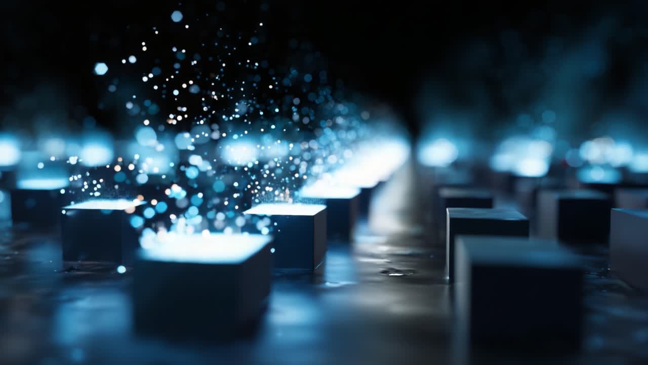 Illuminated Cubes with Sparkling Water Droplets Creating a Mystical Atmosphere in a Dark Environment, Captured in Two Stunning Frames of a Video
