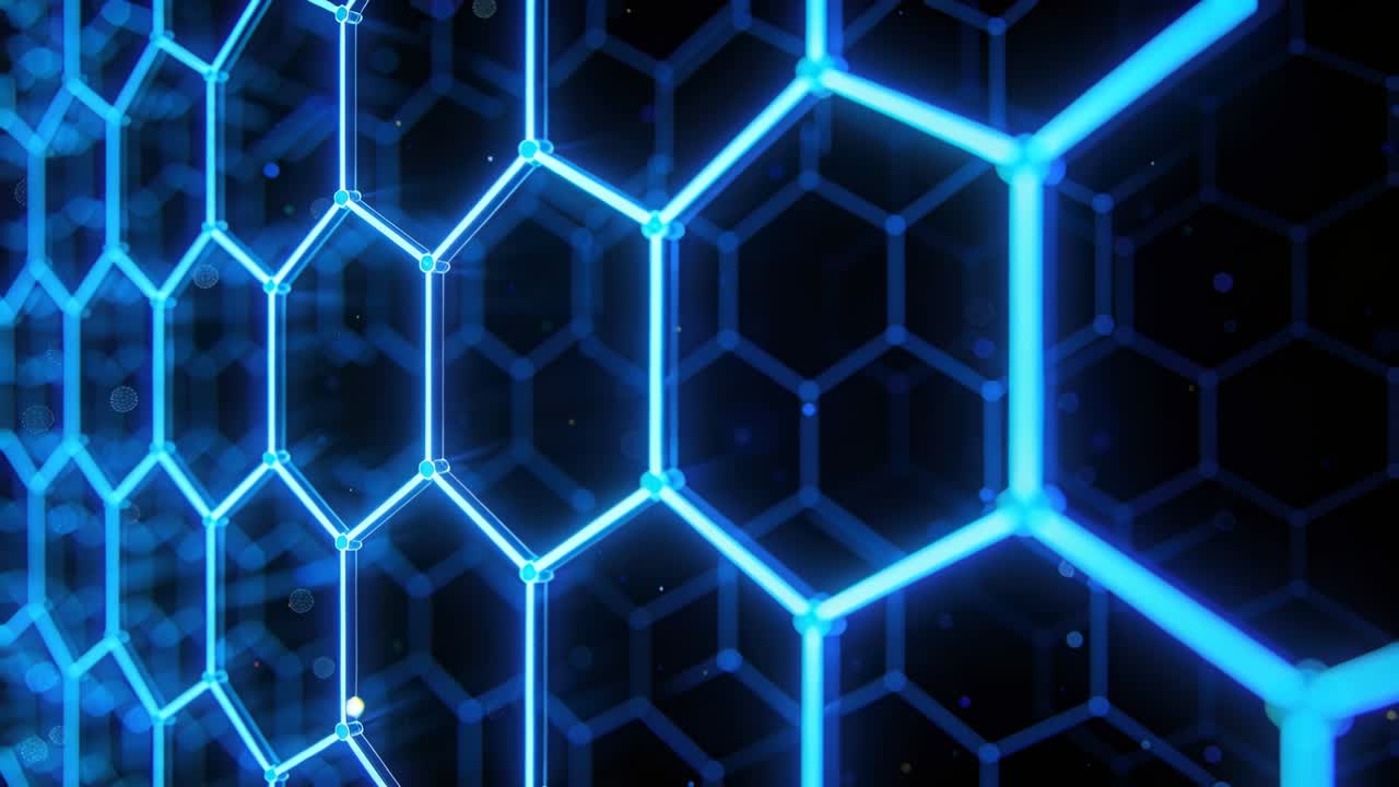 Moving blue hex lattice drawing closer as camera shifts right in tech void, revealing pulsing nodes