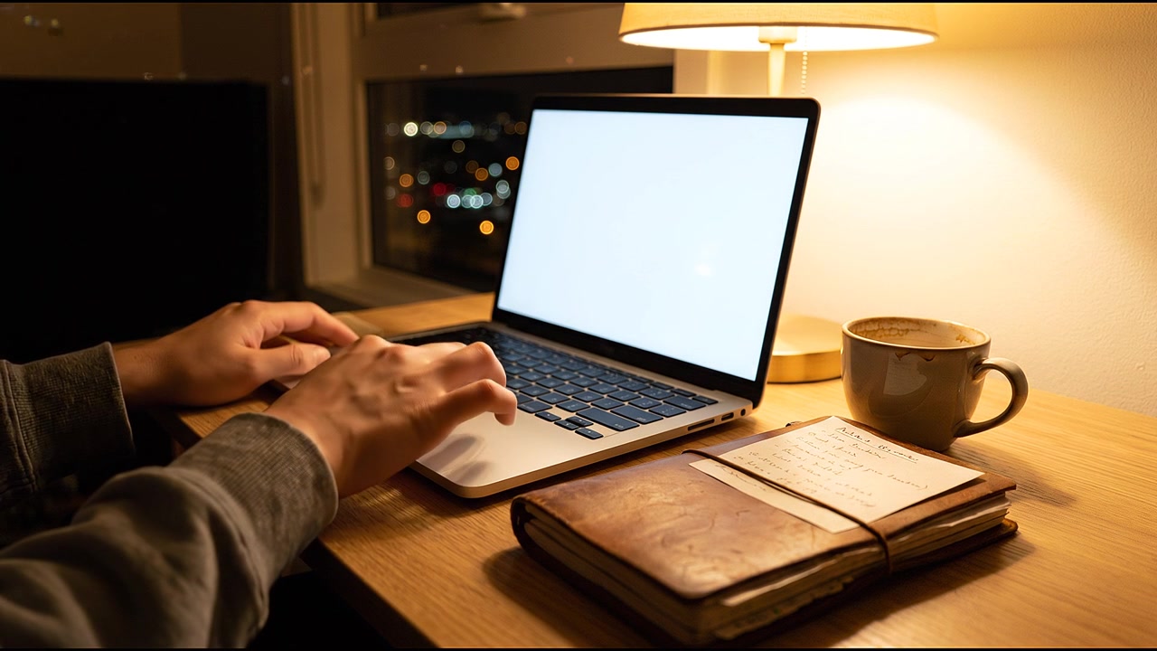 Person closing laptop on wooden desk beside notebook coffee mug and warm lamp in evening apartment
