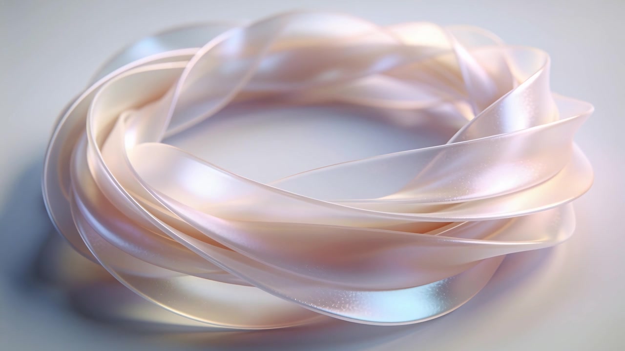 Toro rotante di nastro di perle intrecciato che scivola e si solleva su un tavolo da studio, con luce diffusa che si sposta.