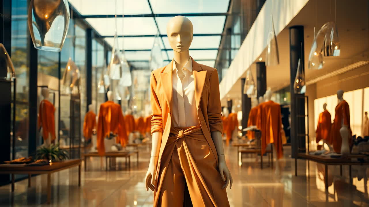 Fashion display in a modern retail store. A stylish mannequin stands in a large store showcasing orange clothing