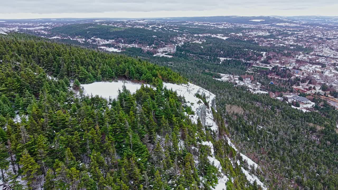 Drone footage shows gravel road cutting through forests with sparkling water