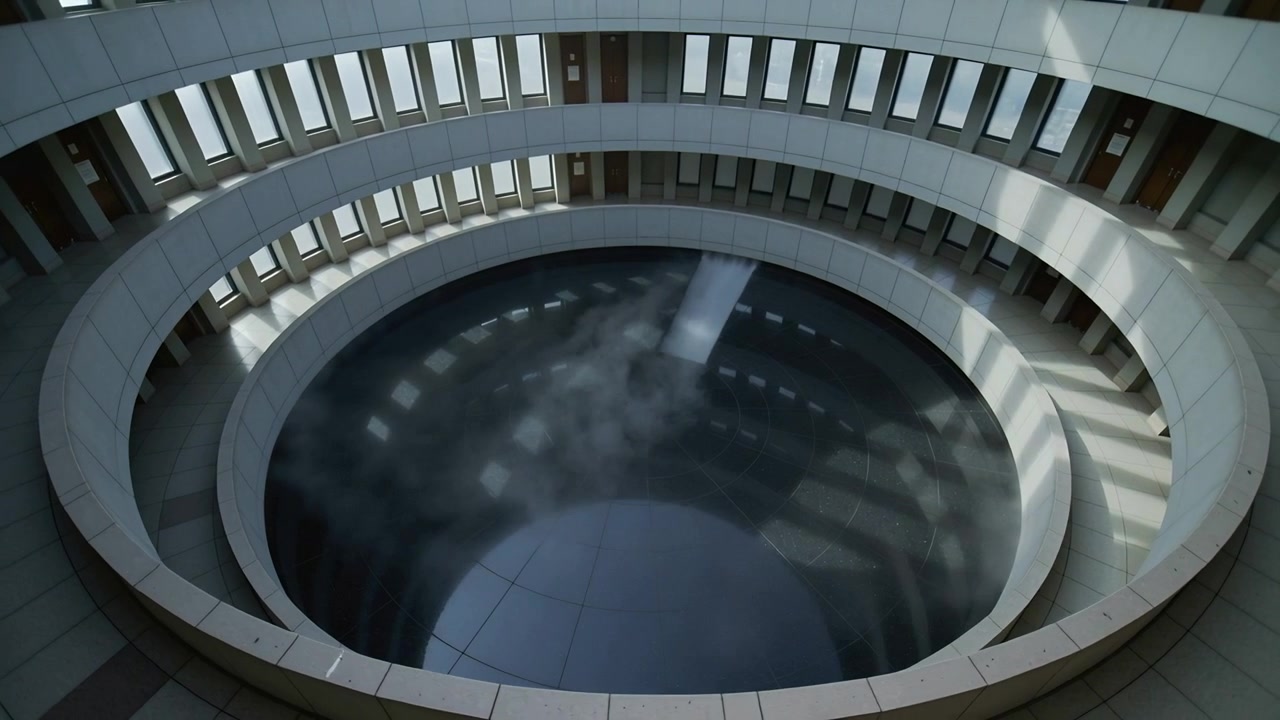Rising mist column descending from right shaft into atrium basin, creating soft reflections