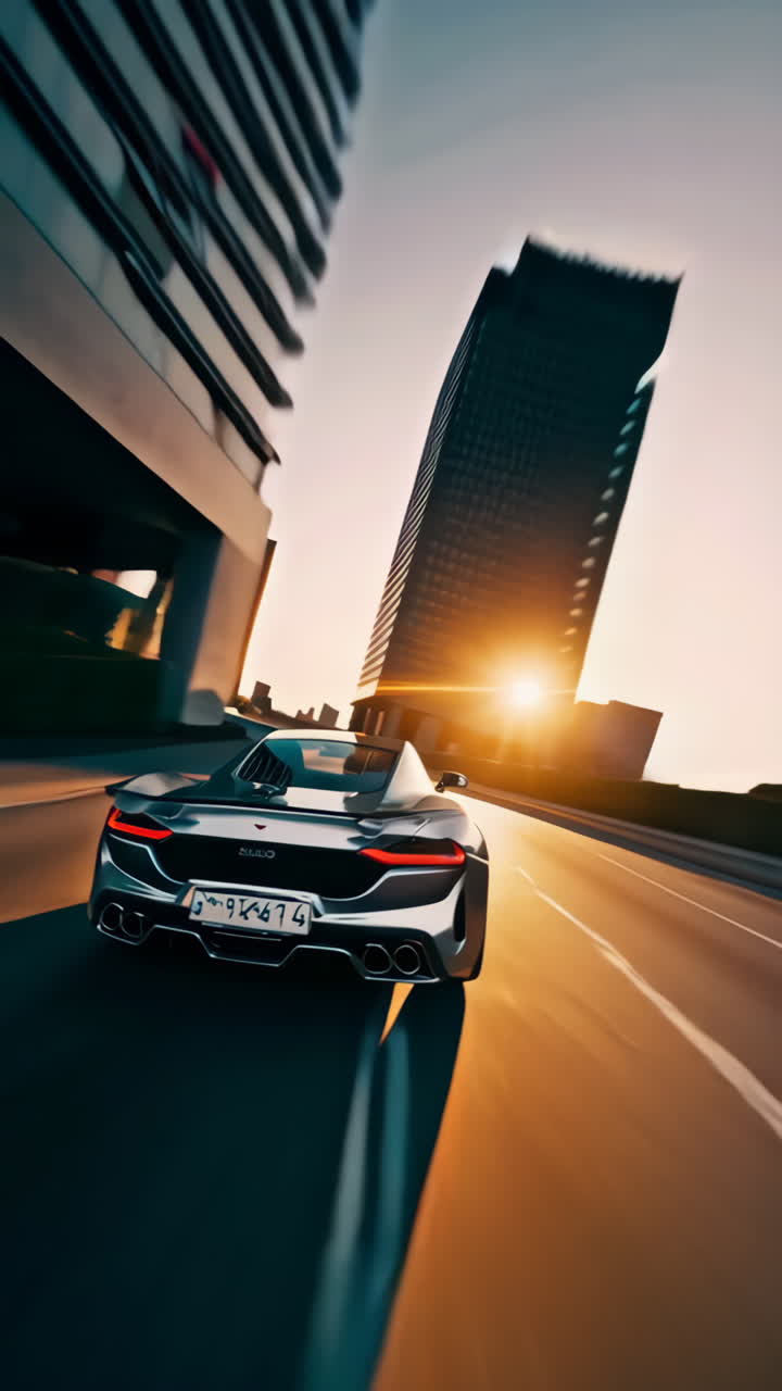 Fast Sports Car in a City at Sunset