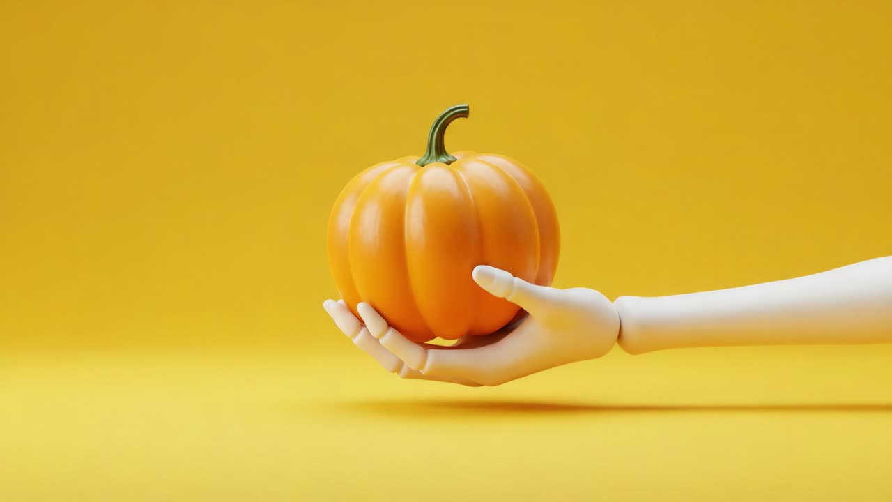 A Vibrant Yellow Scene Featuring a Hand Holding a Lively Orange Pumpkin Against a Bright Yellow Background, Emphasizing Warmth and Autumn Aesthetics