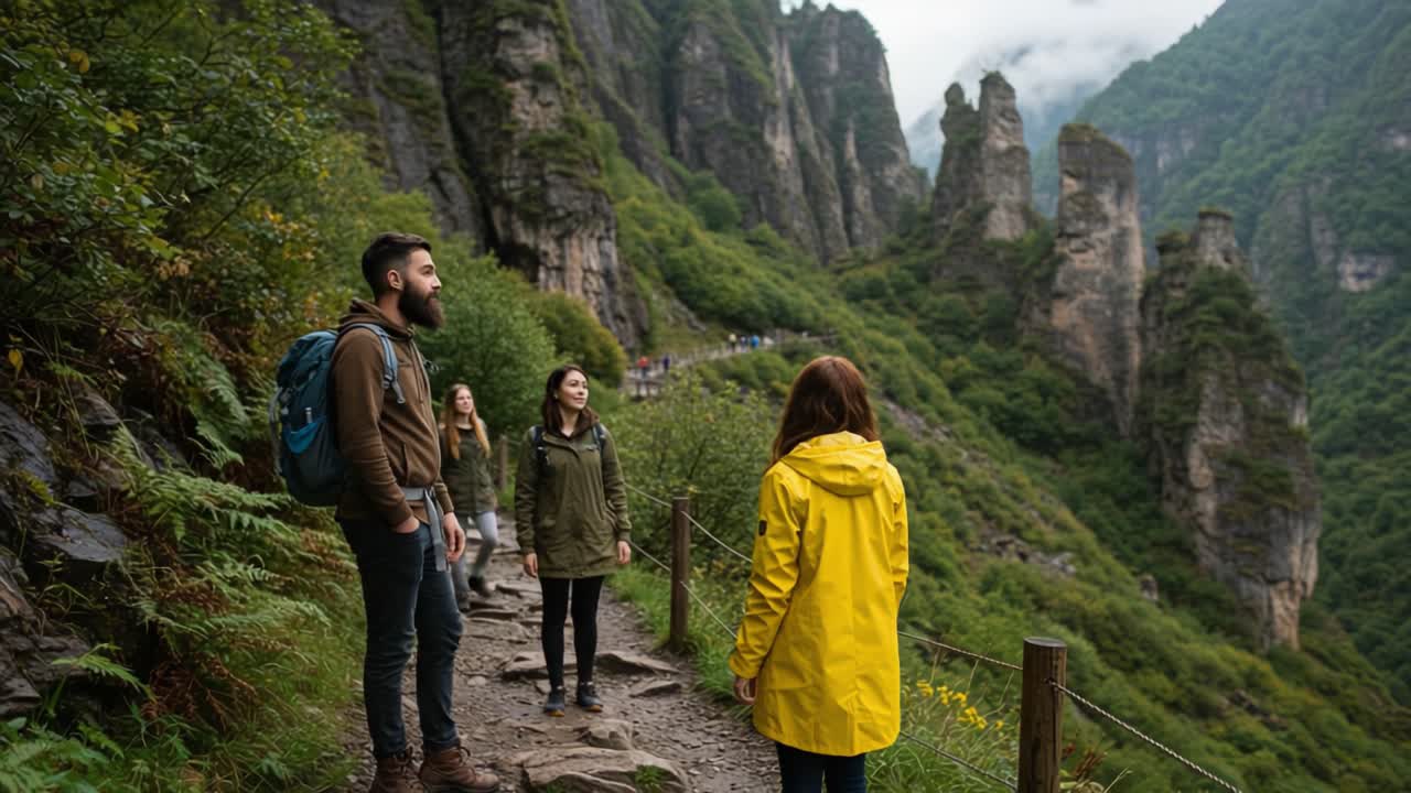 A Group of Adventurers Trekking Through Majestic Mountains on a Misty Day, Exploring Nature's Beauty and the Thrill of the Outdoors with Friends