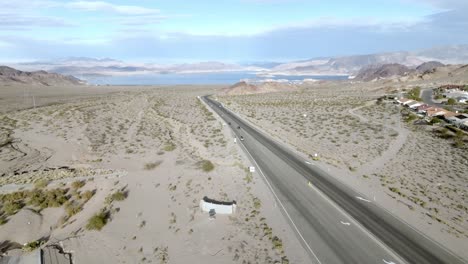 lake mead wide shot and highway 93 near boulder city, nevada and drone video moving up