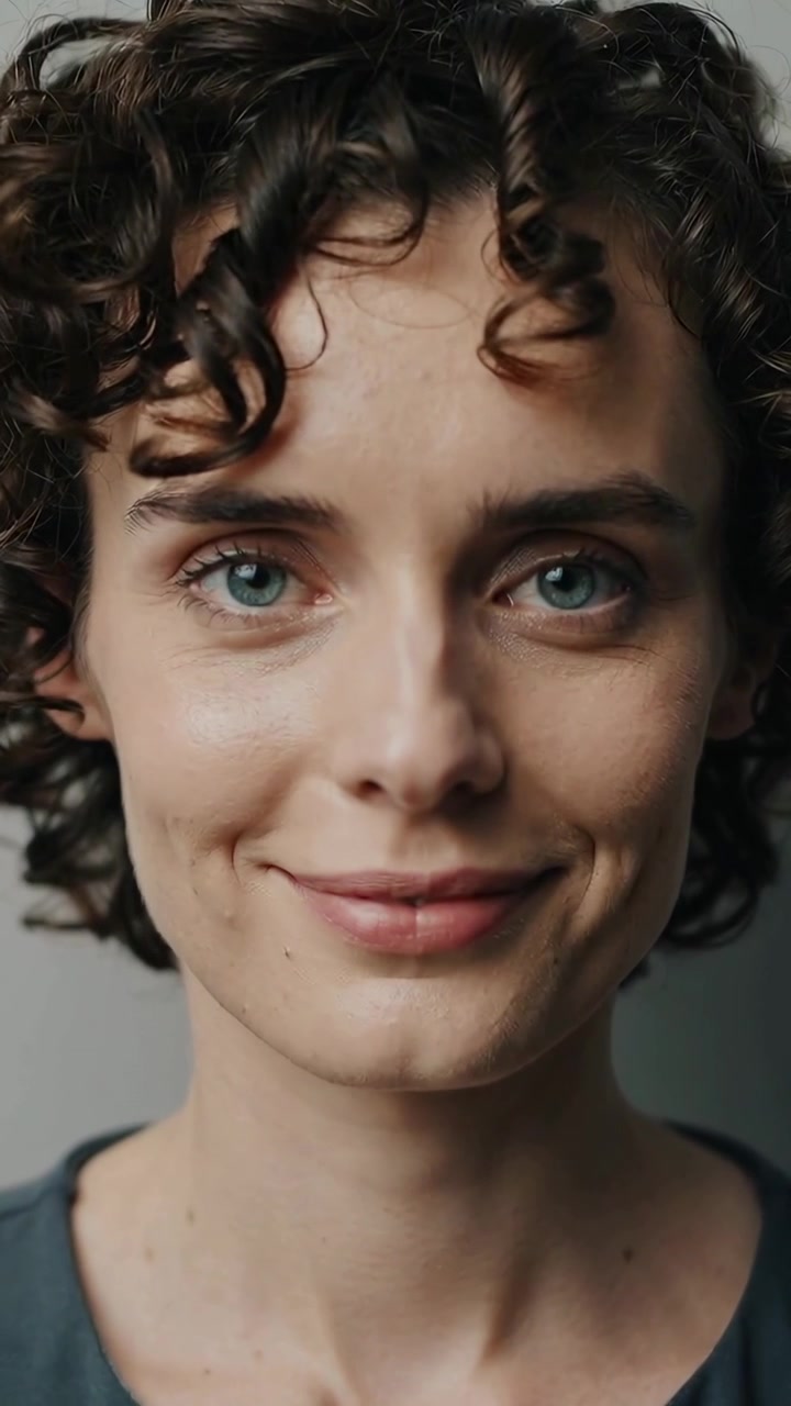 Video verticale: Donna sorridente che addolcisce l'espressione mentre la telecamera zooma per un ritratto, con top blu-grigio.