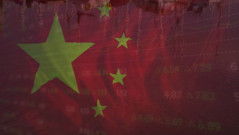 animation of financial data processing and flag of china over landscape