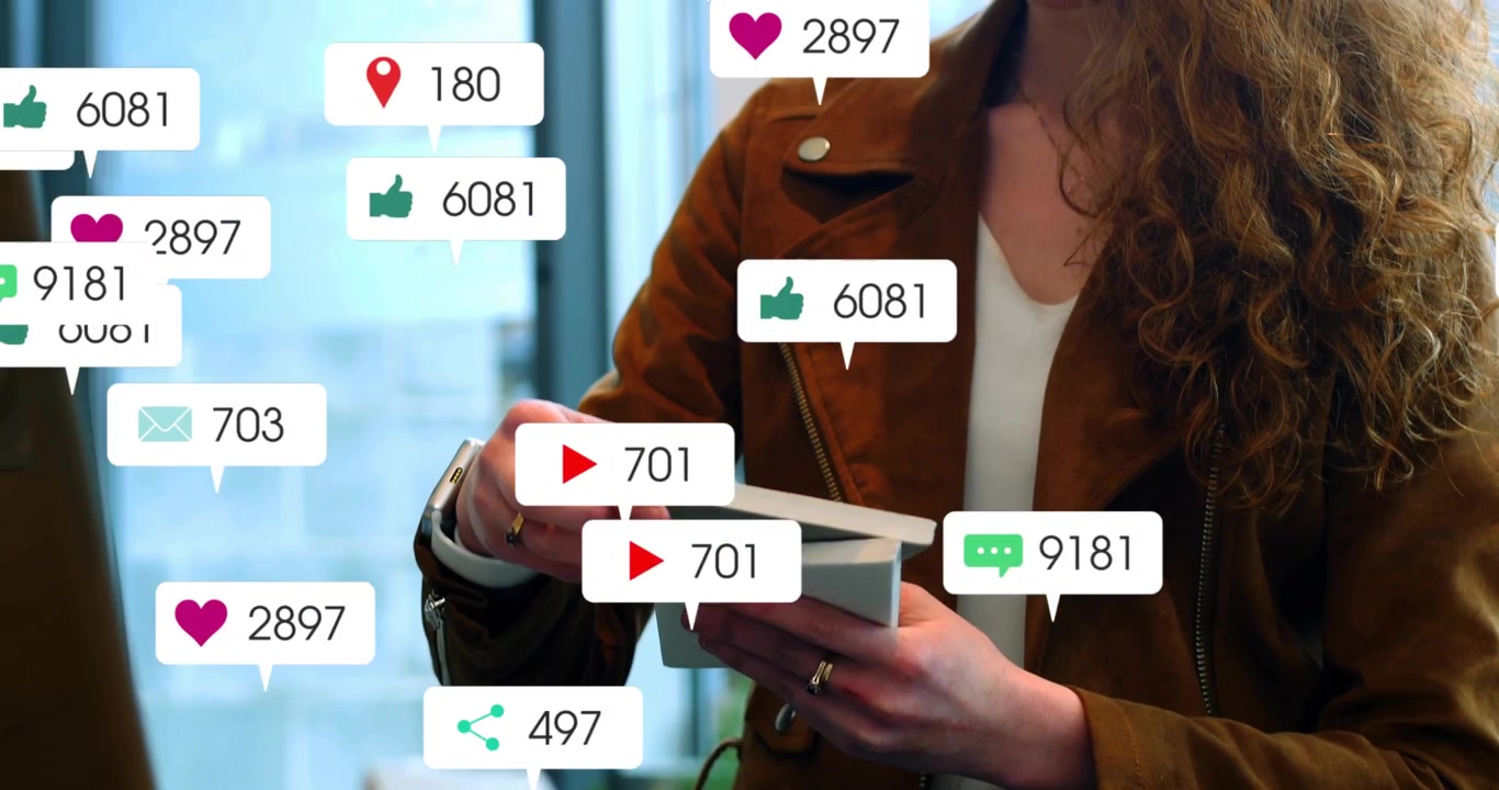 Woman designer flipping samples and glancing at laptop causing icons spreading and showing feedback