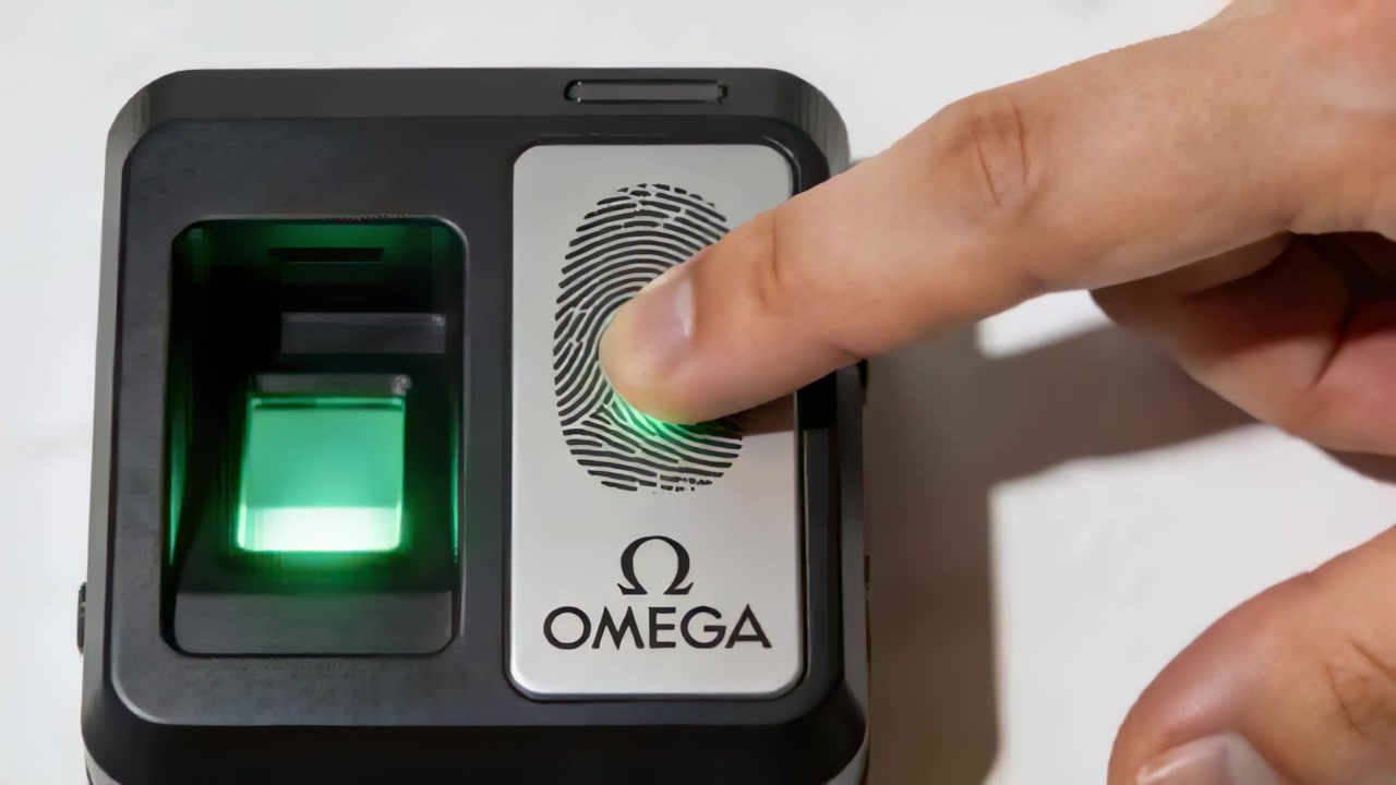 Touching circular sensor pad, right index finger activating OMEGA reader on white tabletop for scan