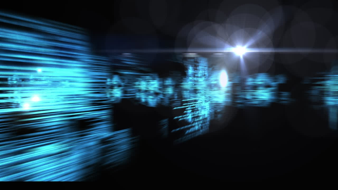 Animação digital de ponto de luz sobre telas com processamento de dados em fundo preto.