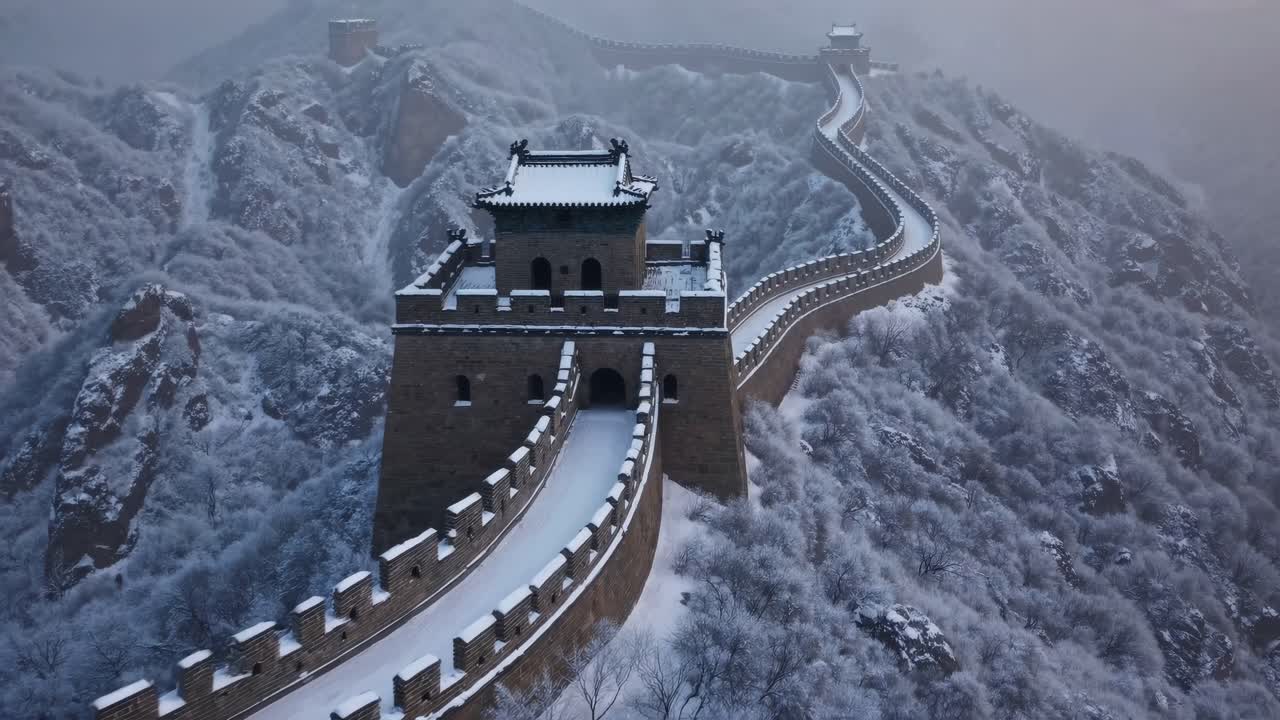 Aerial view of the Great Wall covered in snow, showcasing its winding path through mountainous