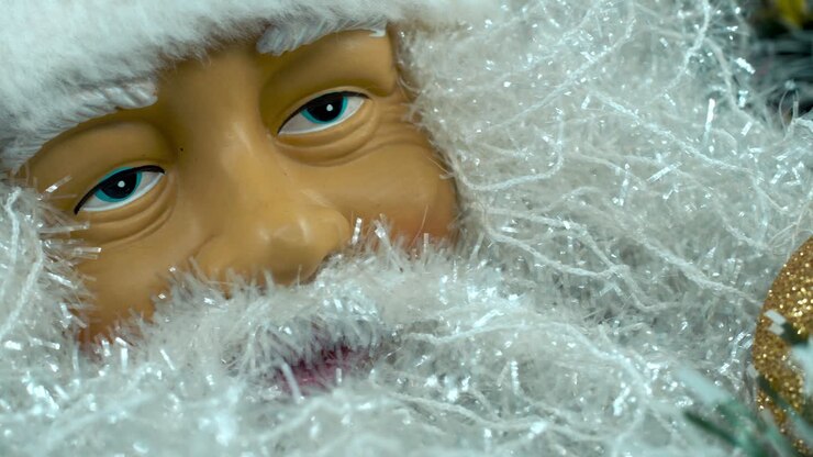 Detailed close up smooth pan left shot, Santa Claus toy in a red hat with bells, Christmas decoration, traditional holiday gifts, new year decor, retro golden gifts, 4K video