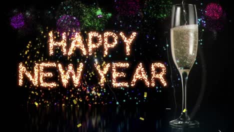 animation of happy new year text greetings over glass of champagne and fireworks