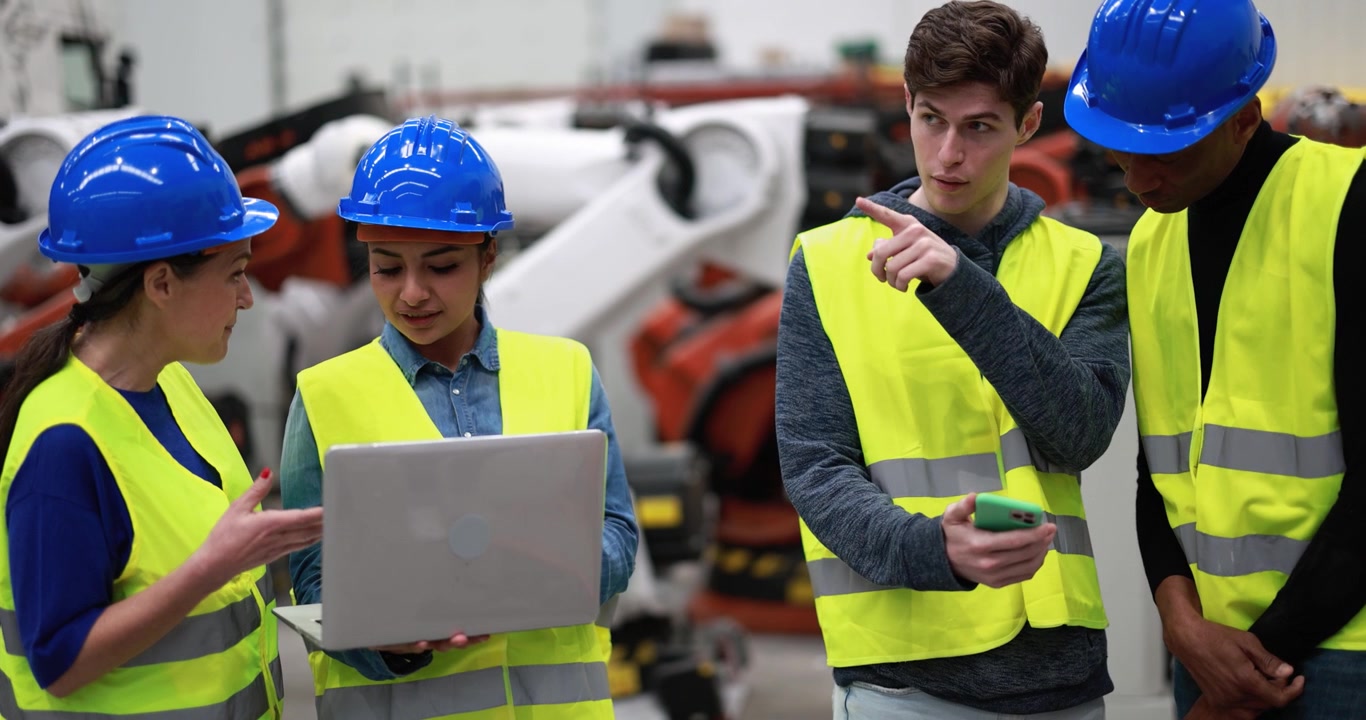Diverse Team of Engineers Collaborating in a Robotics Factory
