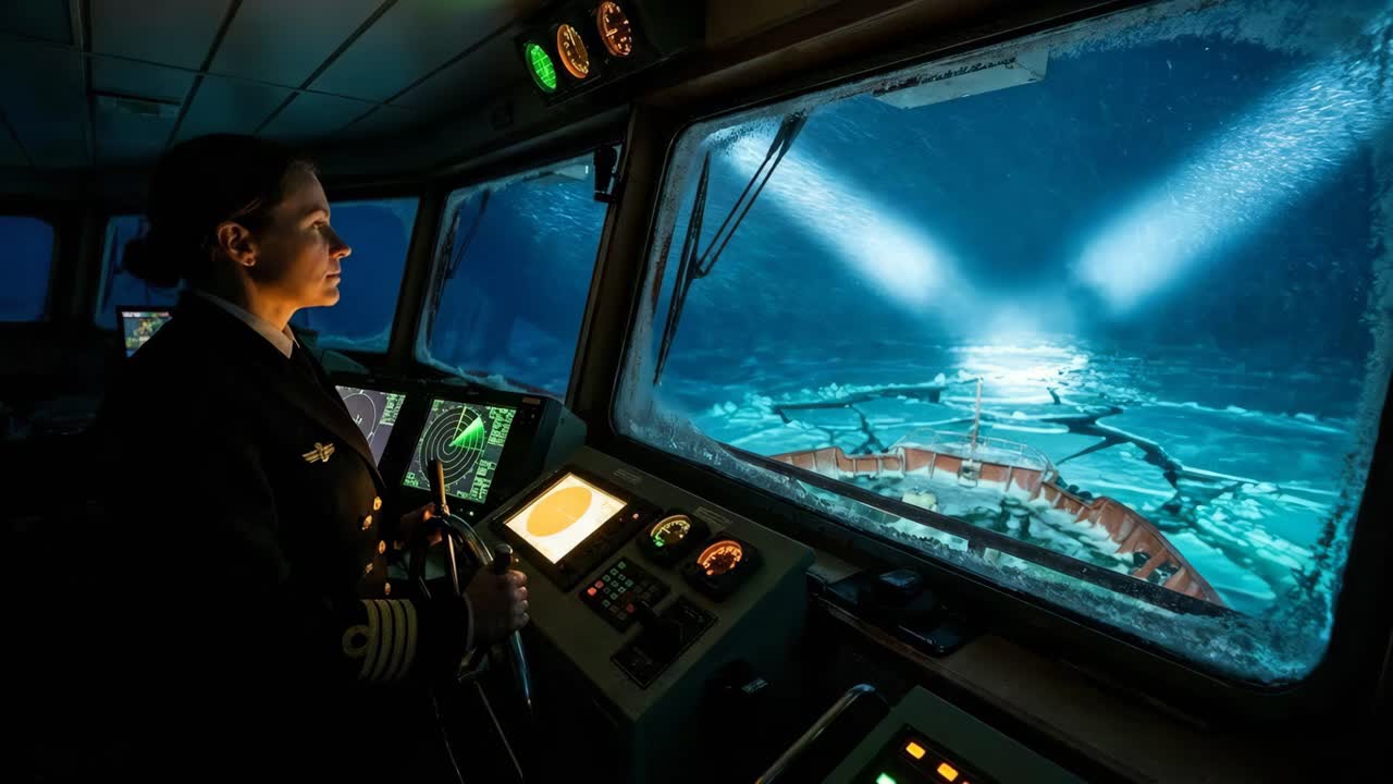 Ship Captain Navigating Through Iceberg Field
