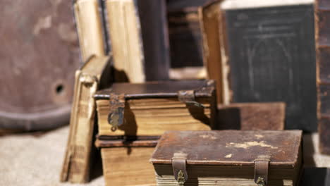 stack of old aged antique law books, close dolly motion