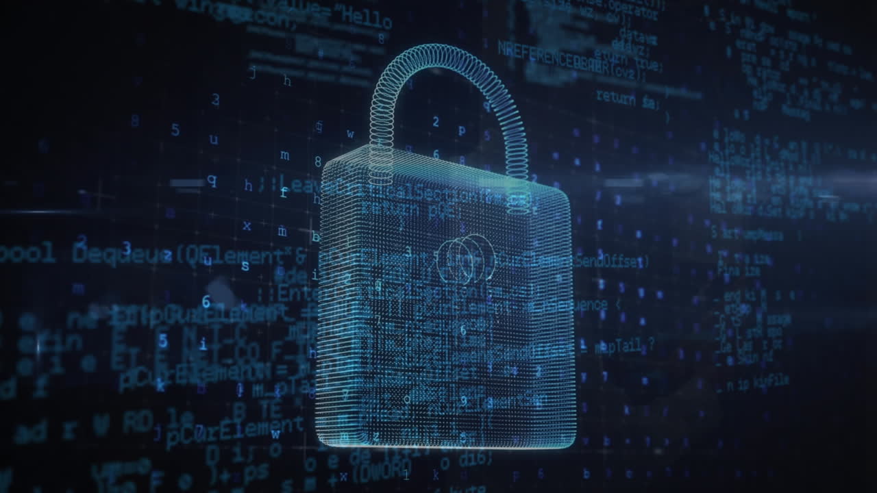 Animation of padlock and data processing on black background