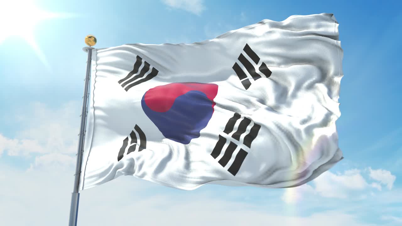 깊은 파란 하늘을 배경으로 바람에 흔들리는 한국 발, 국가 테마, 국제 개념, 3d 렌더링, 원활한 루프, 4k