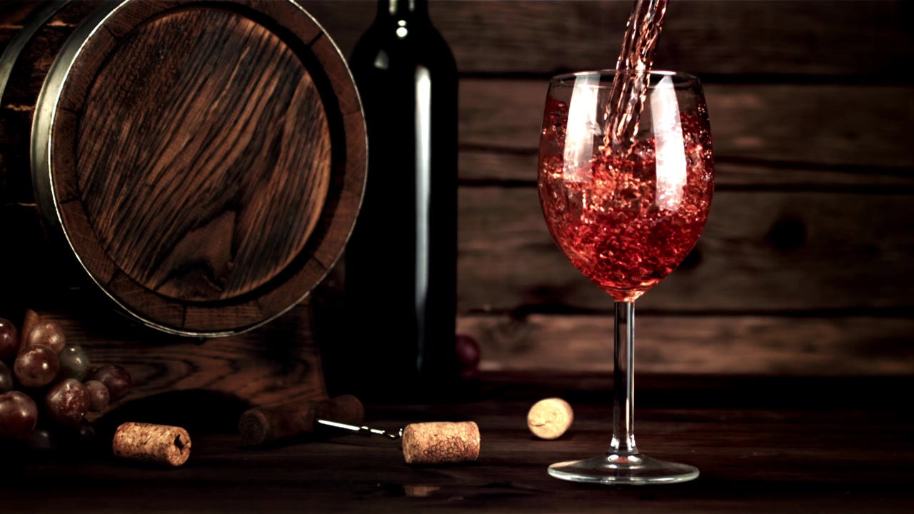 Rotwein wird in ein Glas gegossen, mit Fass und Trauben