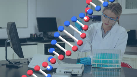 animación de una cadena de adn girando sobre una doctora que trabaja en un laboratorio