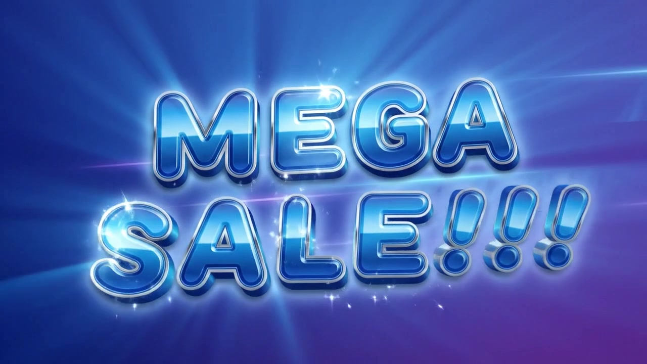 Animazione di testo promozionale Mega Saldi con lettere al neon blu e onde dinamiche