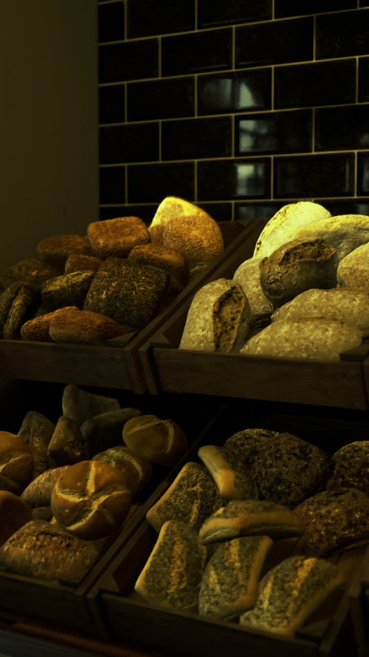 Freshly baked bread displayed in a rustic bakery setting